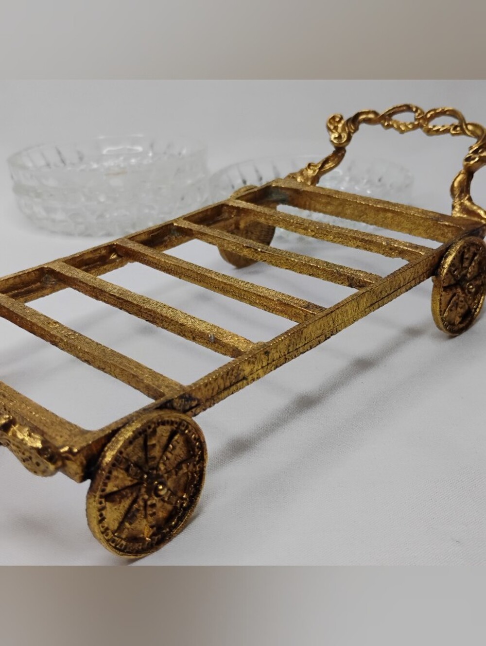 Vintage Bohemia Glass Czechoslovakian Crystal Coasters Set With Gold Plated Cart - Picture 10 of 16